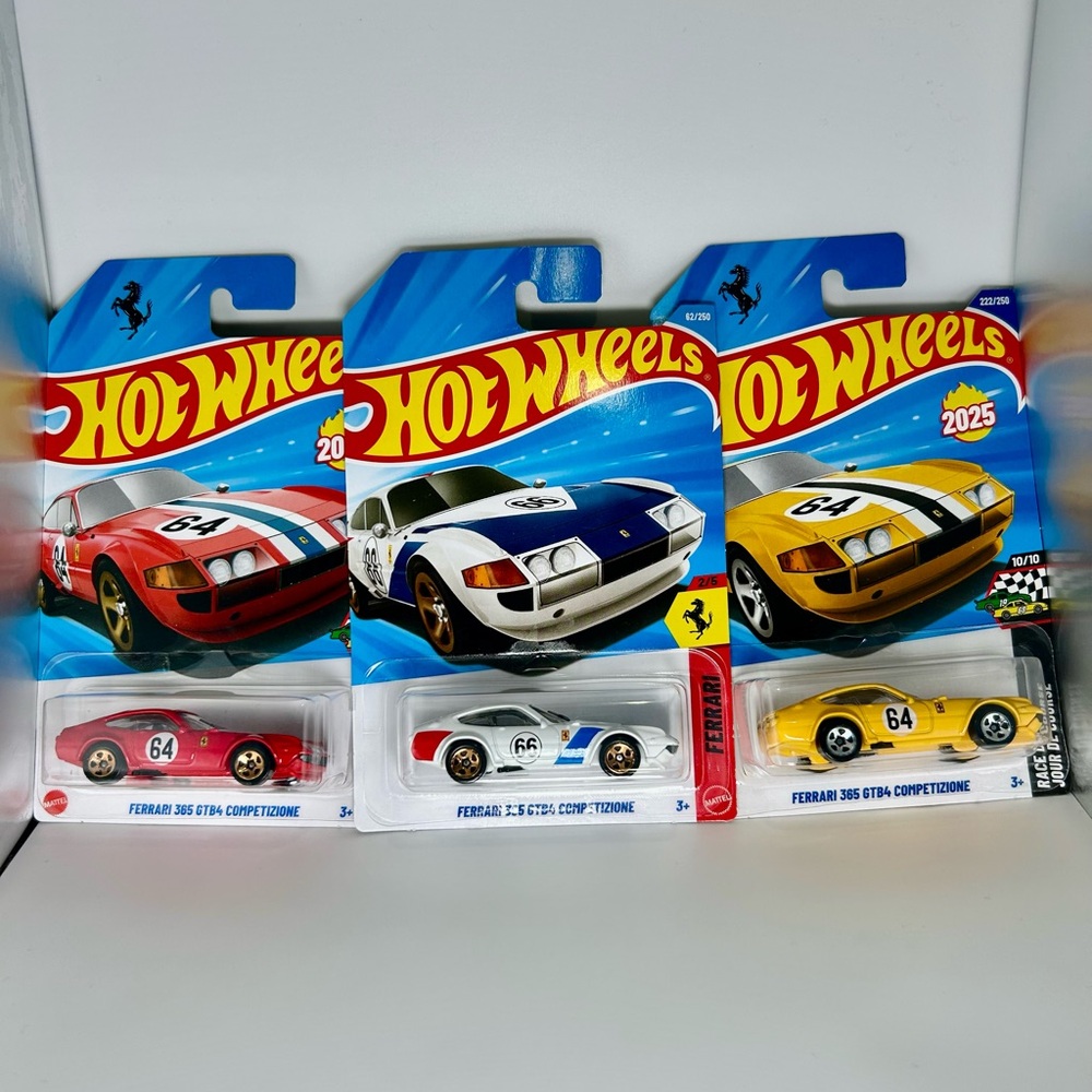2025 Hot Wheels Ferrari Lot of 3x - Ferrari 365 GTB4 Comp Red & Yellow & White